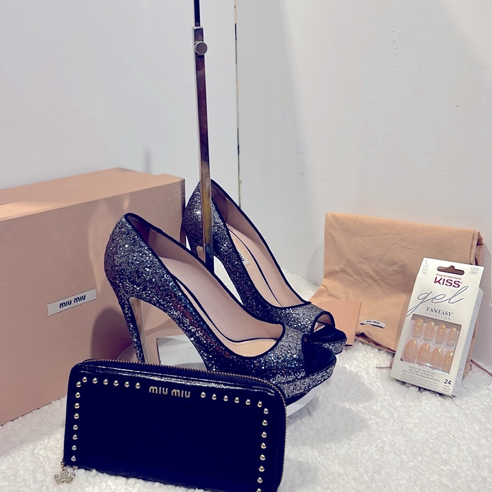 Miu Miu Bkack Wallet & Miu Miu Silver/Black Glitter Heels , DustBag ,Box & Nails